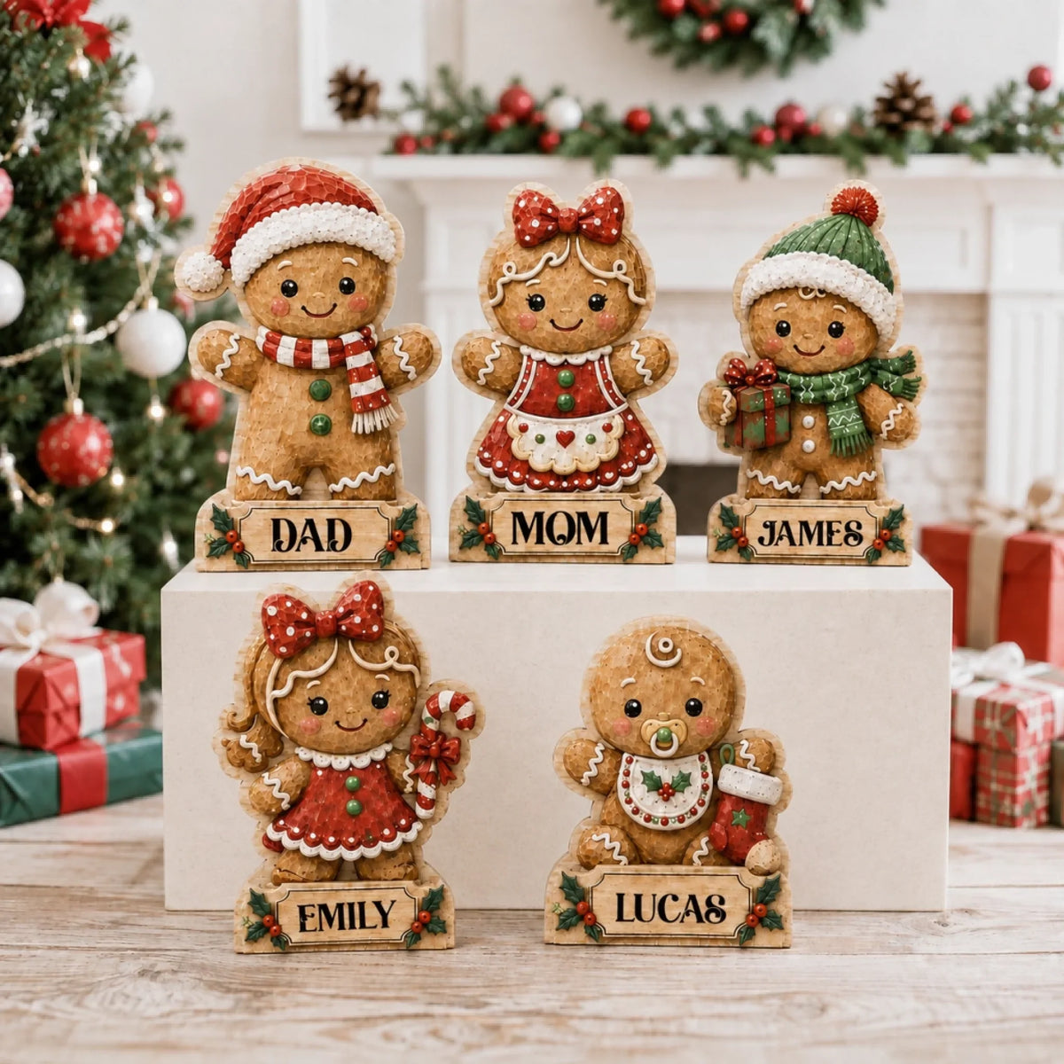 Personalized Gingerbread Family Christmas Wooden Block - Custom Name Christmas Gifts for Shelf Decoration