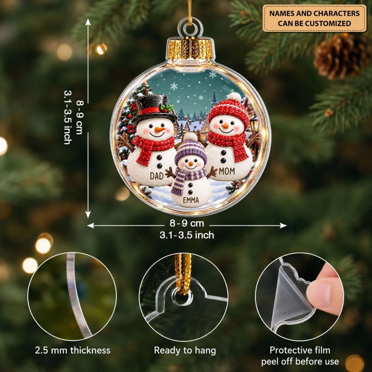 Snowman Bauble - Personalized Custom Shape Mica Ornament - Christmas Gift For Family