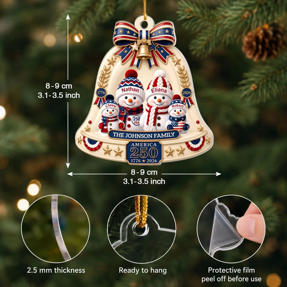 Patriotic Snowman Family - Personalized Custom Shape Mica Ornament - Christmas Gift For Family