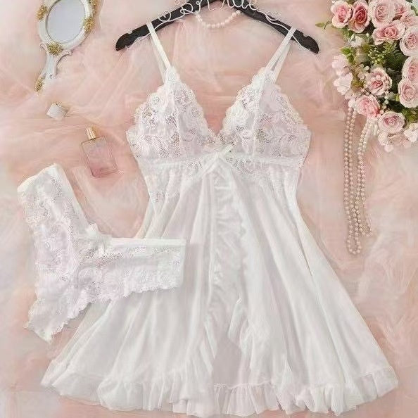 Sexy V-neck nightgown with net fabric, lace and strappy design for women