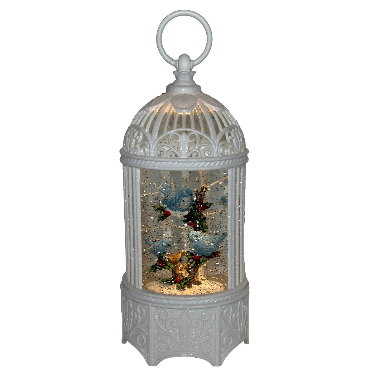 10.25" Lighted Swirl Birdcage w/Bluebirds and Holly
