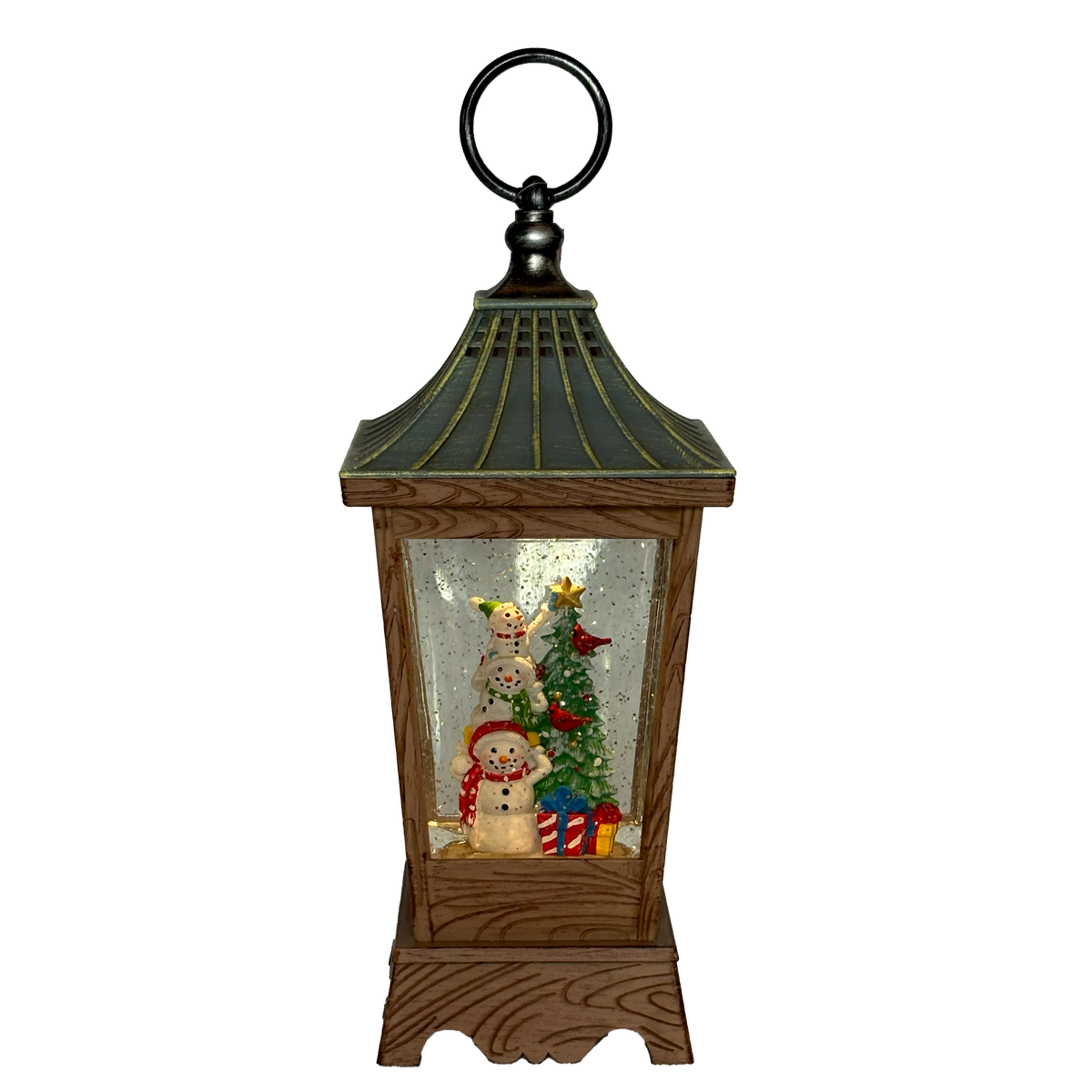 10.5" LED Swirl Wood Lantern with Snowmen