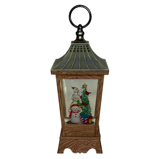 10.5" LED Swirl Wood Lantern with Snowmen