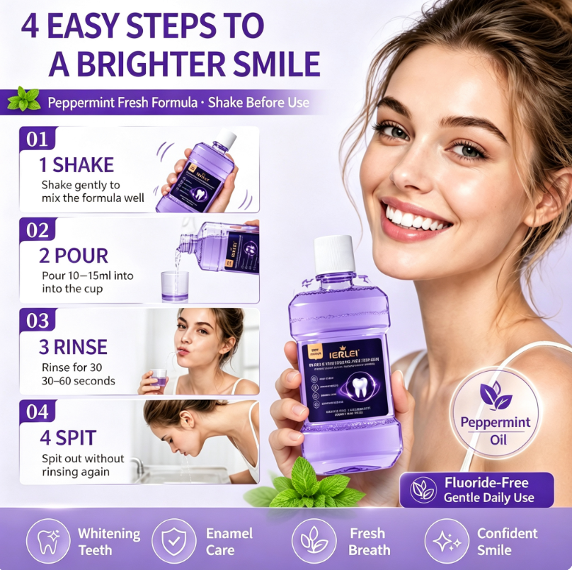 🔥Purple essential oil mouthwash makes teeth bright white, cleans the mouth, and gives a minty fresh breath.