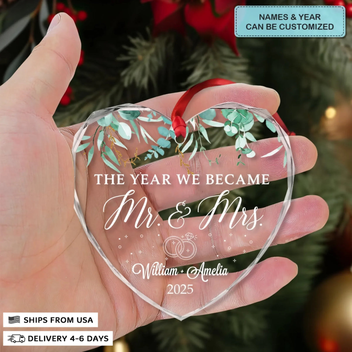 The Year We Became Mr & Mrs - Heart Glass Ornament - Christmas Gift For Couples, Newlywed, Wife, Husband