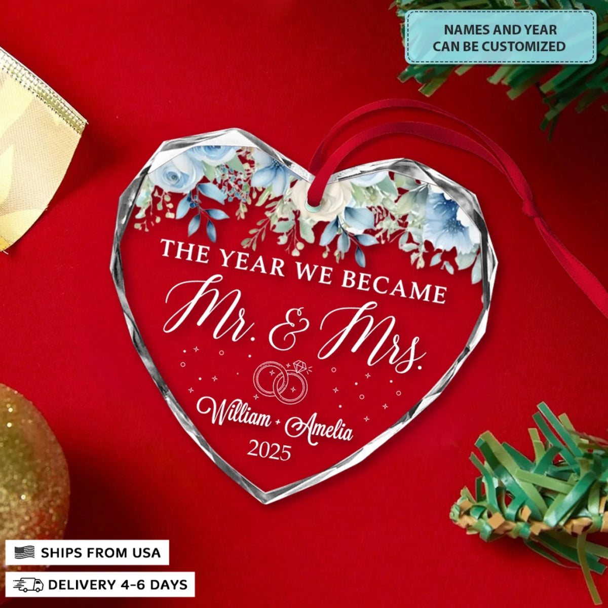 The Year We Became Mr & Mrs - Heart Glass Ornament - Christmas Gift For Couples, Newlywed, Wife, Husband