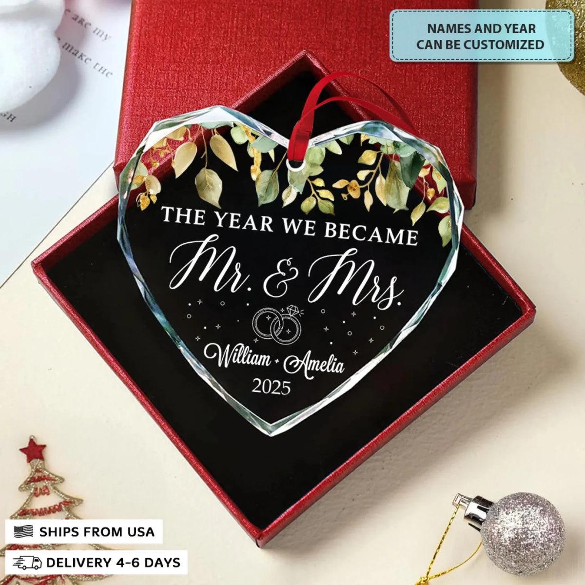 The Year We Became Mr & Mrs - Heart Glass Ornament - Christmas Gift For Couples, Newlywed, Wife, Husband