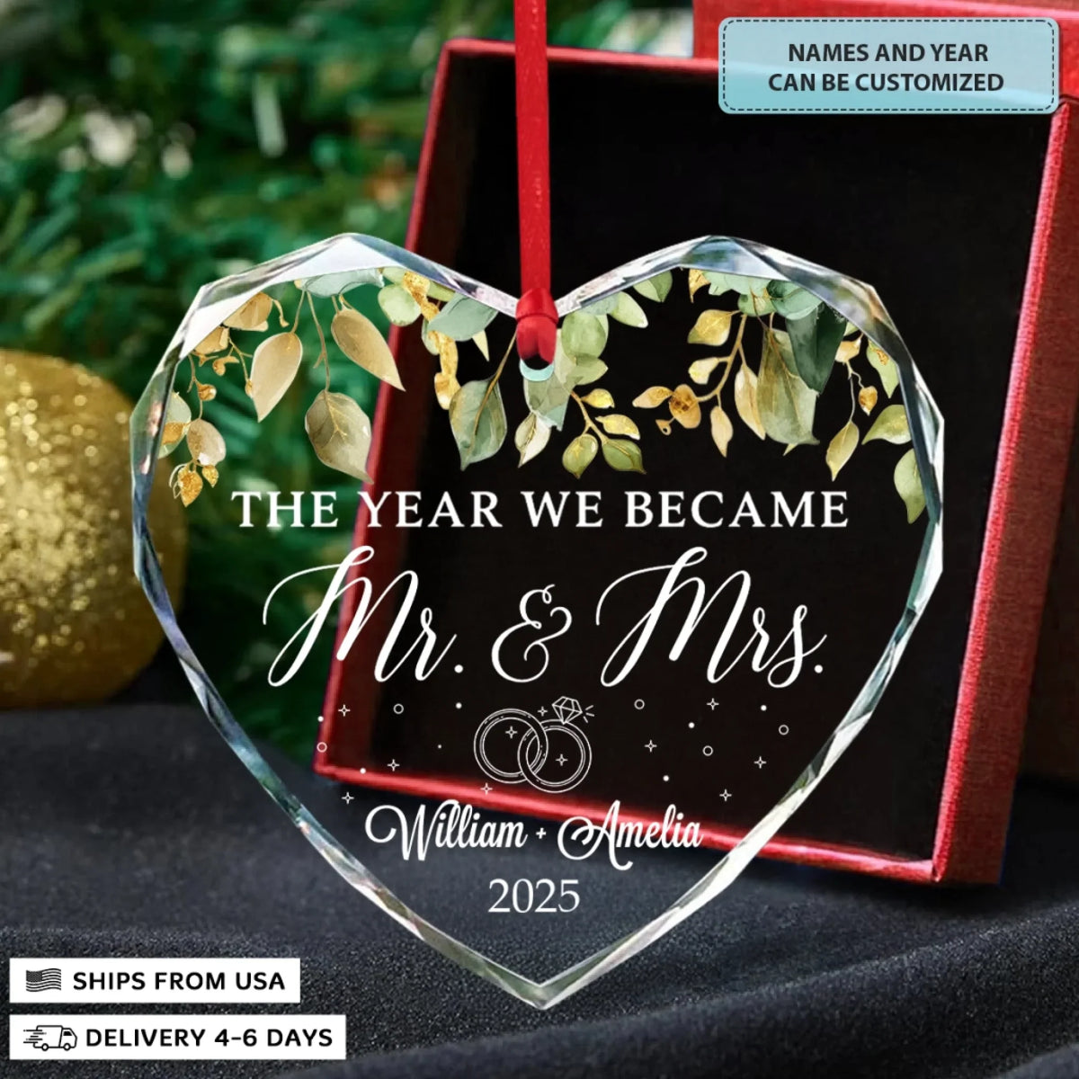 The Year We Became Mr & Mrs - Heart Glass Ornament - Christmas Gift For Couples, Newlywed, Wife, Husband