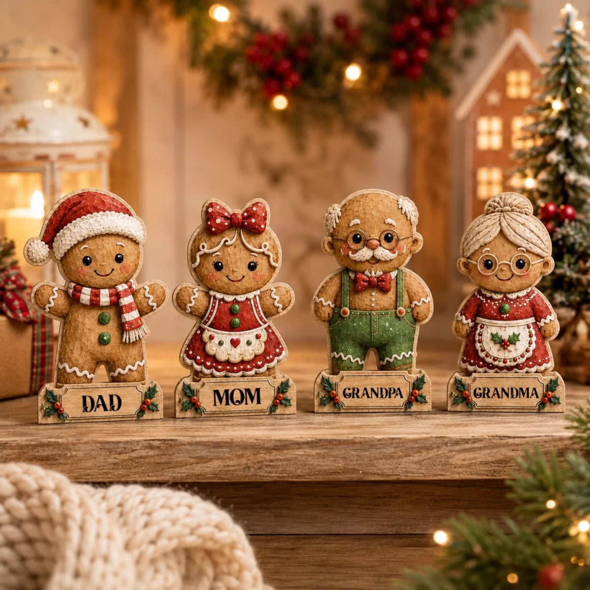 Personalized Gingerbread Family Christmas Wooden Block - Custom Name Christmas Gifts for Shelf Decoration