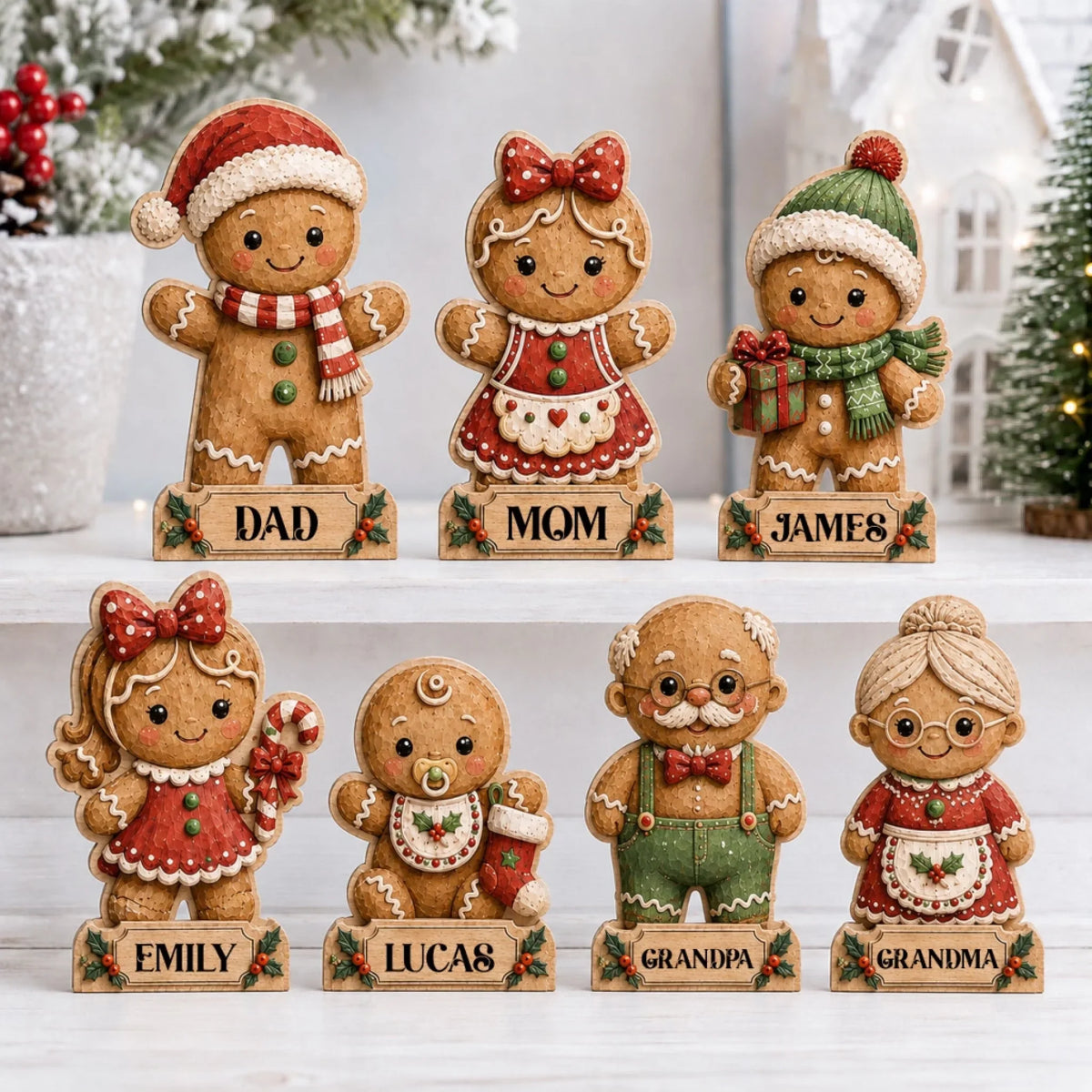 Personalized Gingerbread Family Christmas Wooden Block - Custom Name Christmas Gifts for Shelf Decoration