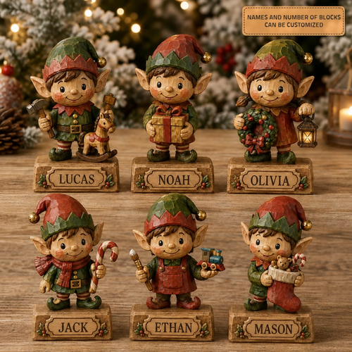 Personalized Elf Family Wooden Block - Custom Name Christmas Gifts for Shelf Decoration