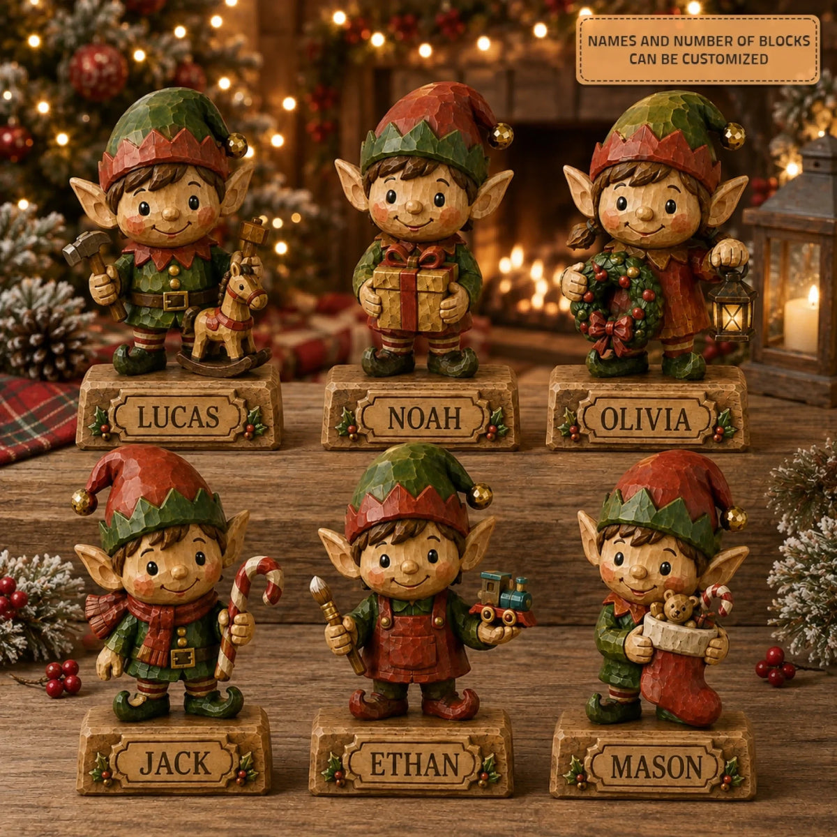 Personalized Elf Family Wooden Block - Custom Name Christmas Gifts for Shelf Decoration