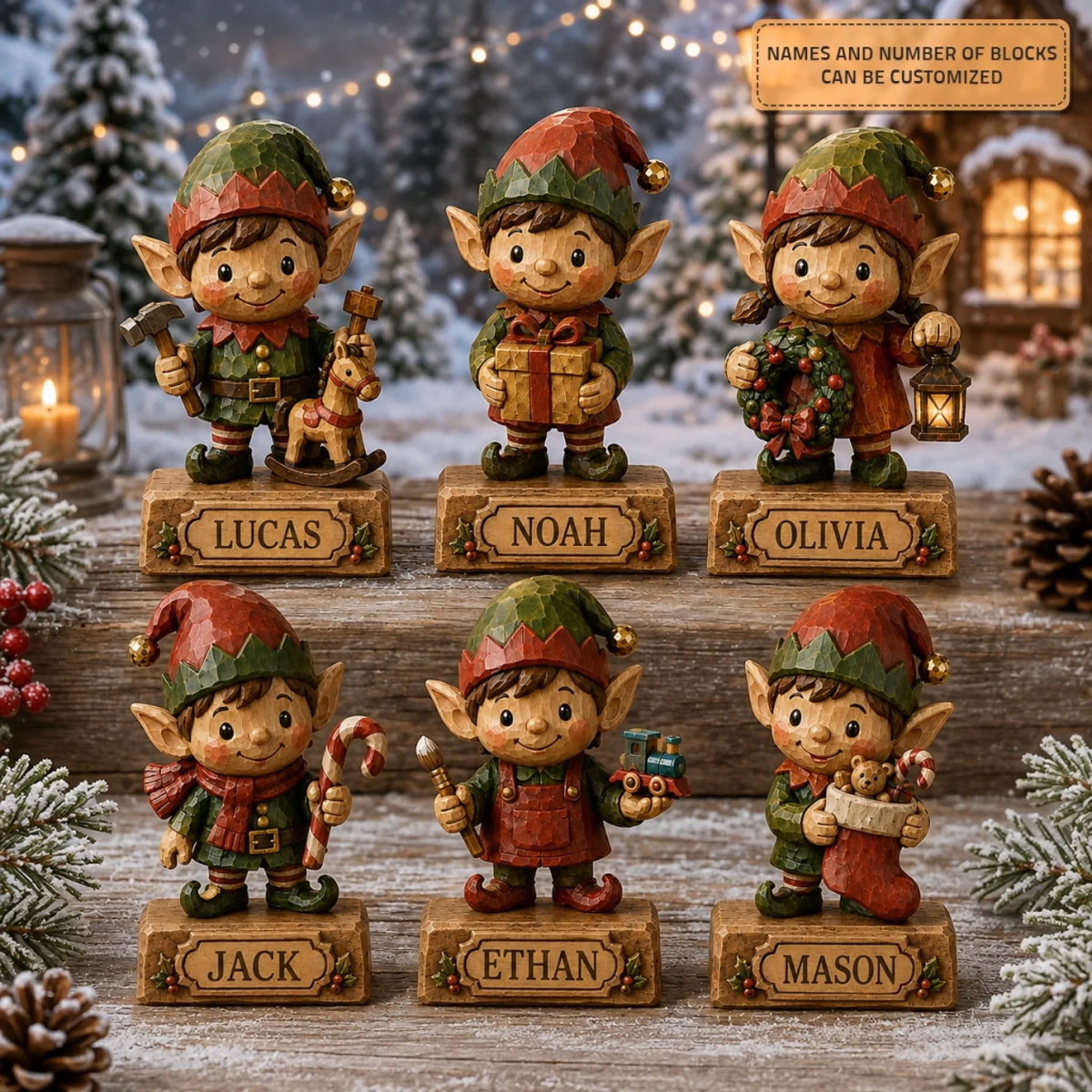 Personalized Elf Family Wooden Block - Custom Name Christmas Gifts for Shelf Decoration