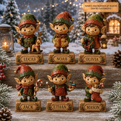 Personalized Elf Family Wooden Block - Custom Name Christmas Gifts for Shelf Decoration