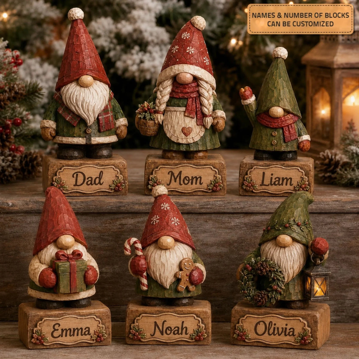 Personalized Gnome Family Wooden Block - Custom Name Christmas Gifts for Shelf Decoration