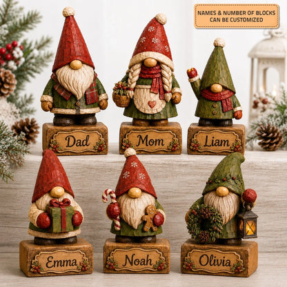 Personalized Gnome Family Wooden Block - Custom Name Christmas Gifts for Shelf Decoration