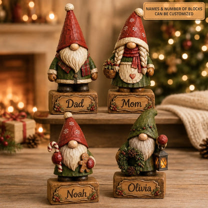 Personalized Gnome Family Wooden Block - Custom Name Christmas Gifts for Shelf Decoration