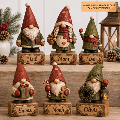 Personalized Gnome Family Wooden Block - Custom Name Christmas Gifts for Shelf Decoration