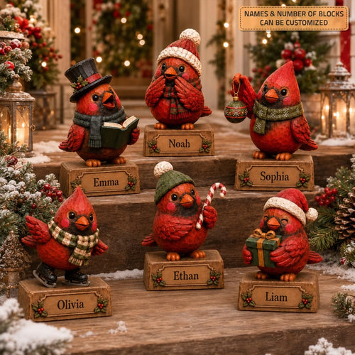 Personalized Cardinal Family Wooden Block - Custom Name Christmas Gifts for Shelf Decoration