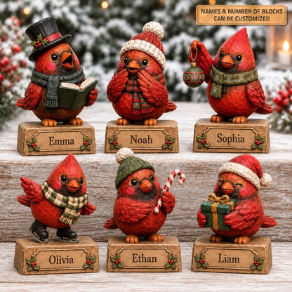 Personalized Cardinal Family Wooden Block - Custom Name Christmas Gifts for Shelf Decoration