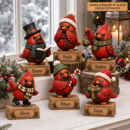 Personalized Cardinal Family Wooden Block - Custom Name Christmas Gifts for Shelf Decoration