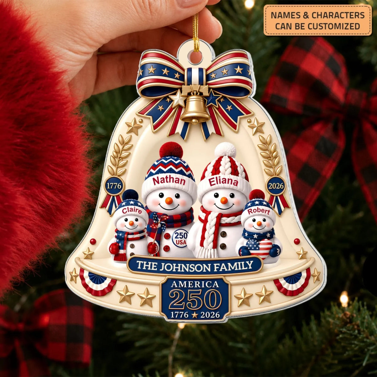 Patriotic Snowman Family - Personalized Custom Shape Mica Ornament - Christmas Gift For Family