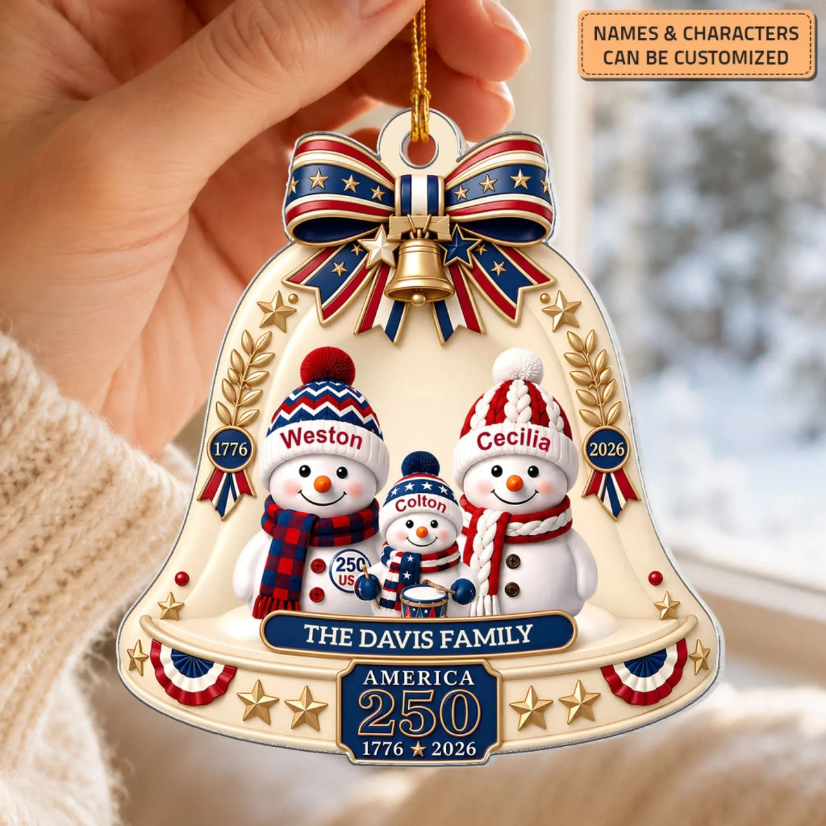 Patriotic Snowman Family - Personalized Custom Shape Mica Ornament - Christmas Gift For Family