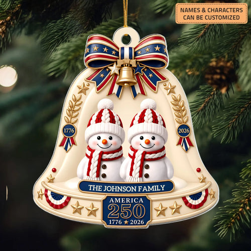 Patriotic Snowman Family - Personalized Custom Shape Mica Ornament - Christmas Gift For Family