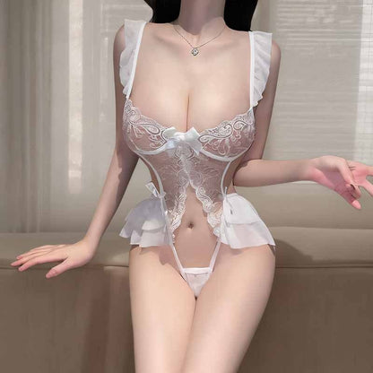 Sexy lace embroidered one-piece nightgown with open mesh design for women