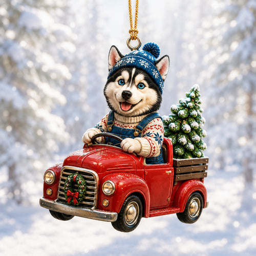 Red Truck Husky Mica Ornament NCU0HT025